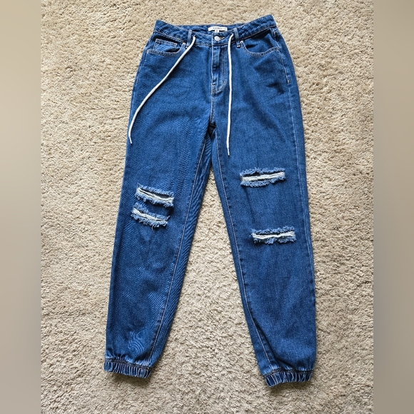 Pacsun blue jeans distressed jogger draw string womens 28 - Picture 1 of 10
